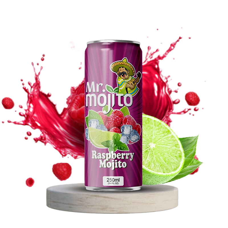 Mr. Mojito Raspberry Mojito 250ml can, showcasing the perfect mix of raspberries, lime, and mint for a zesty, refreshing flavour.